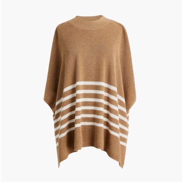 J.CREW One Size Tan White Mock Neck Poncho Stripe Pullover Sweater Kimono Sleeve - Picture 2 of 9